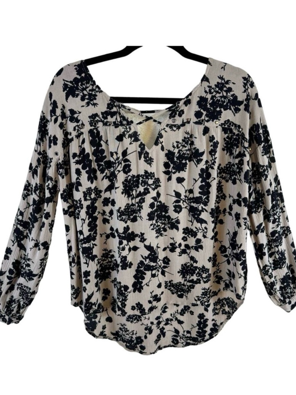 Amuse Society Cream Black Floral V-Neck Lightweight Long Sleeve Blouse‎ Small